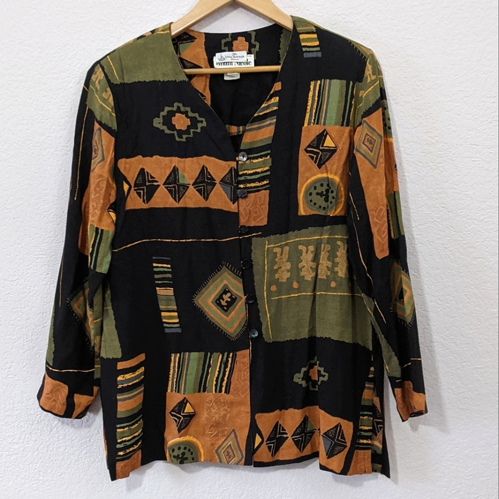 Vintage Ronni Nicole Button Down V-neck Top, Black / Tan / Olive Green